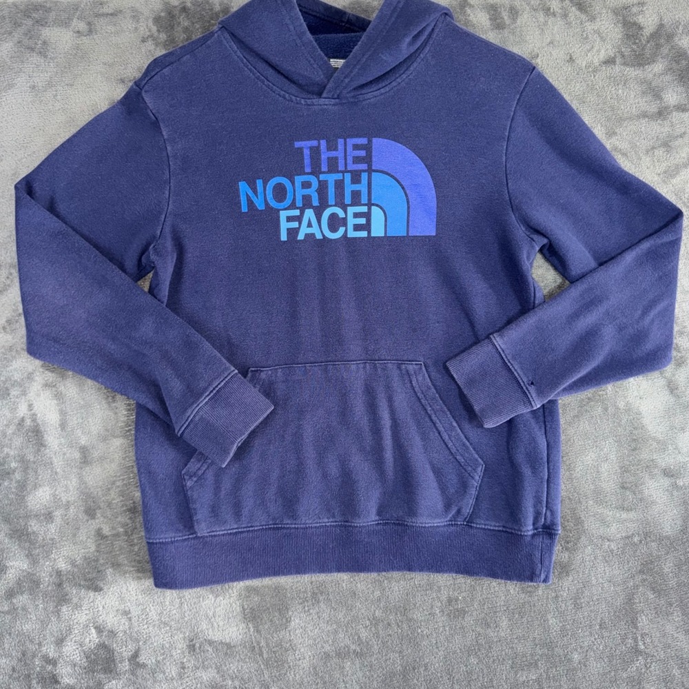 Boys Large The North Face Hoodie Navy Blue Good Graphic Logo Fleece Pullover